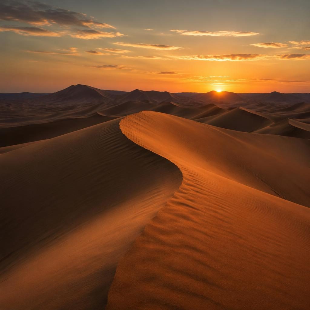 Photorealistic Sahara dunes at dawn with dramatic twilight light, sharp sand textures, and a warm black-and-white look