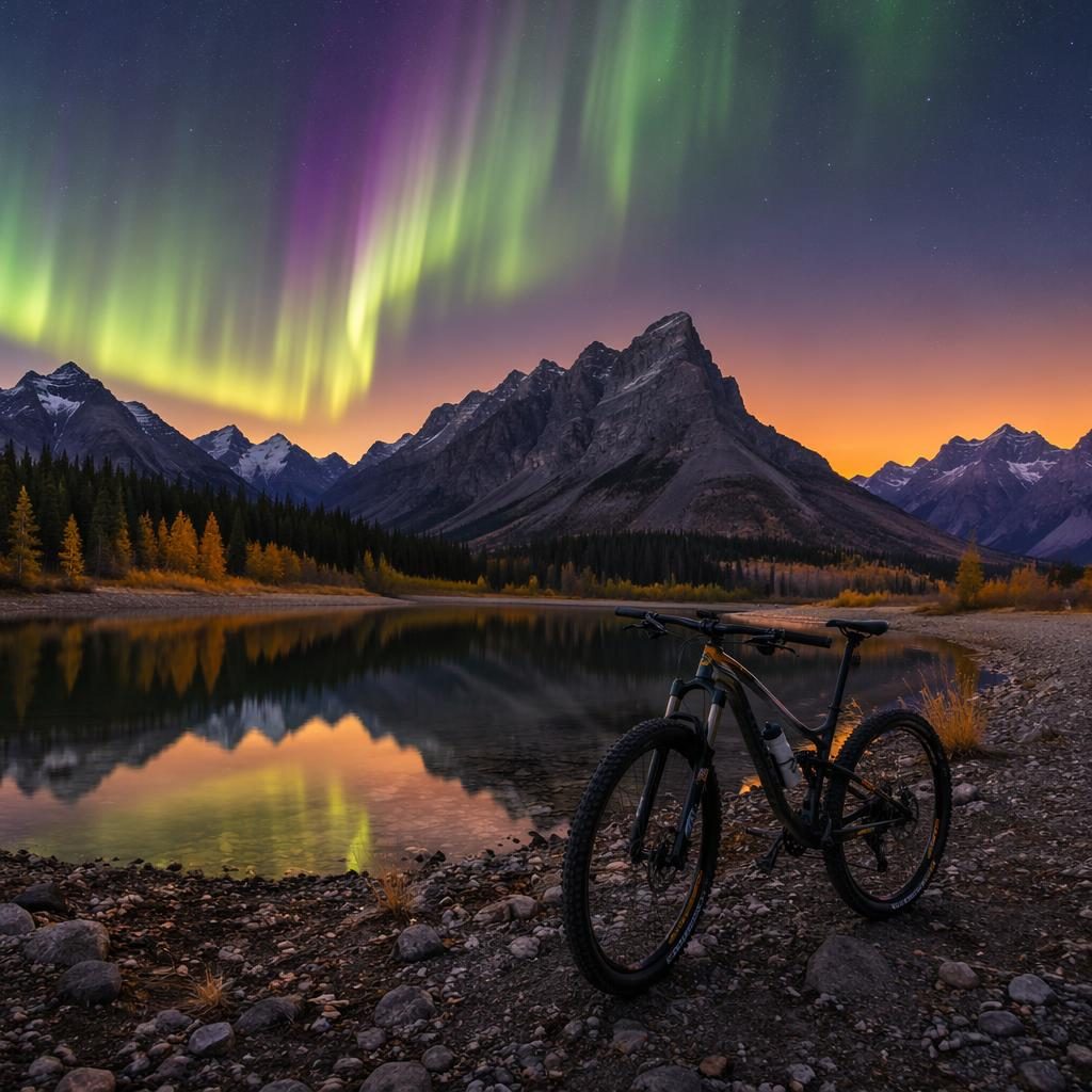 Aurora over a Canadian Rockies autumn lake at golden hour, with serene mountains, sharp reflections, and ochre tones