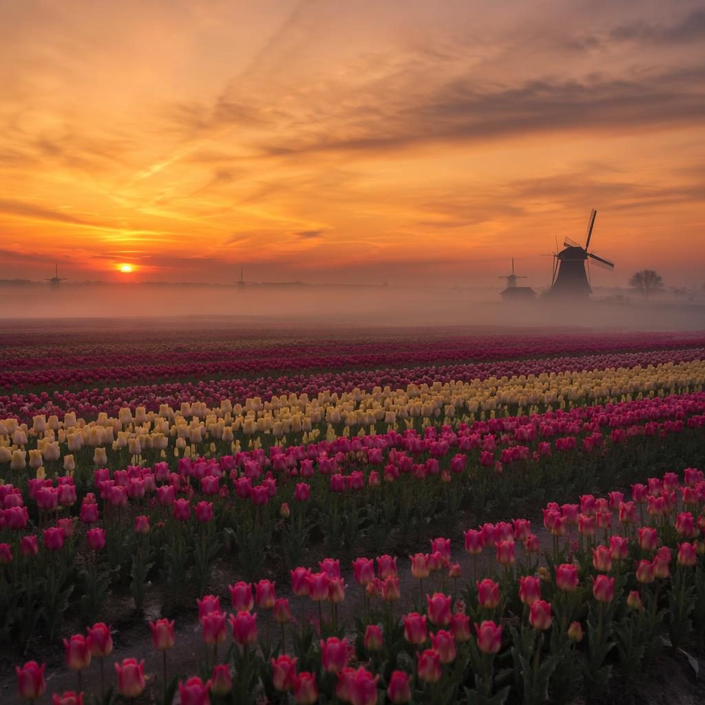 Campo de tulipanes en Holanda entre niebla matinal, paisaje amplio con luz cálida y enfoque nítido