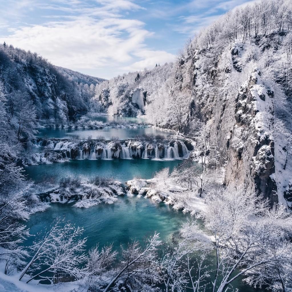 Photoreal landscape of Plitvice Lakes spring waterfalls and terraced greenery under clear midday light, cinematic and sharp