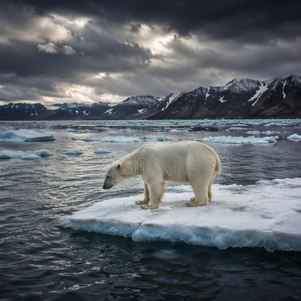 Polar bear standing on Arctic ice under a stormy autumn sky with dramatic light and an ochre-toned HDR landscape.