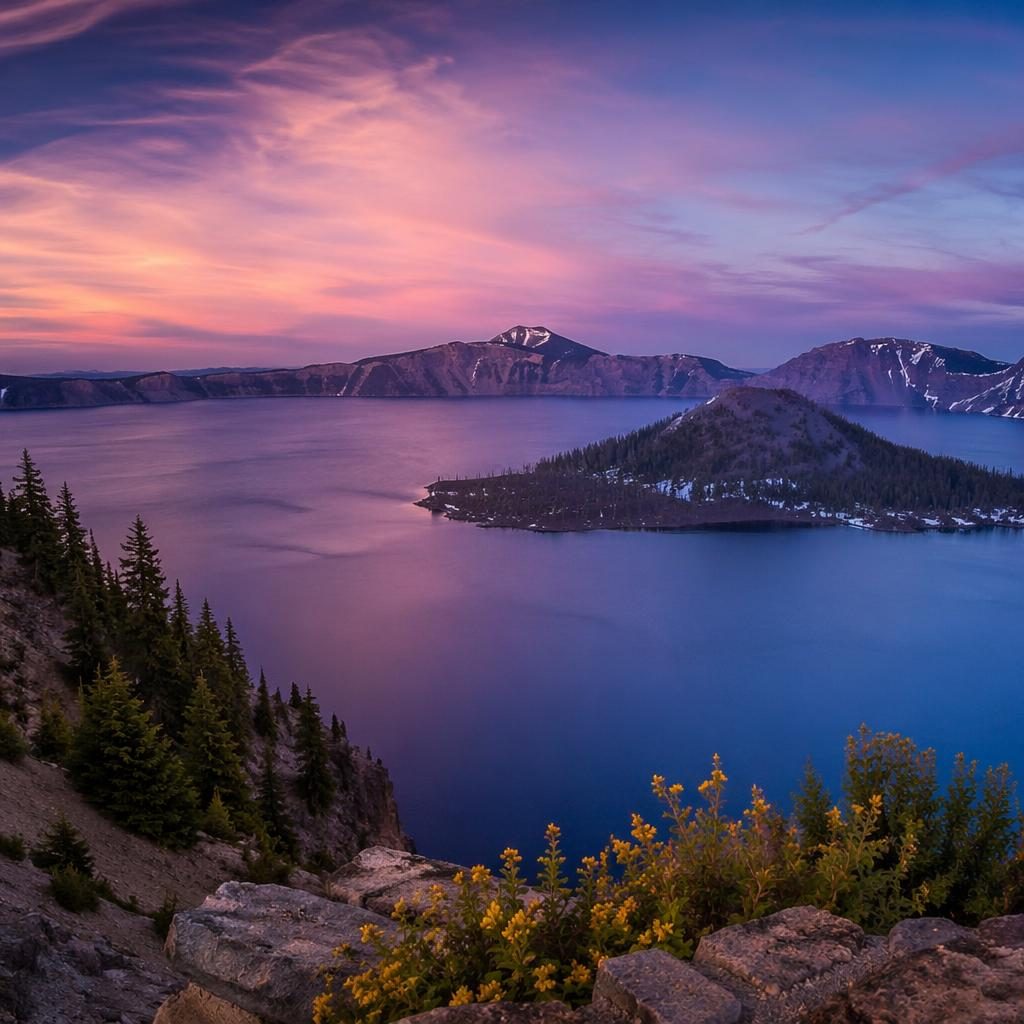 Lac de cratère bleu clair en Oregon au crépuscule, paysage volcanique tropical, lumière dramatique et ciel net