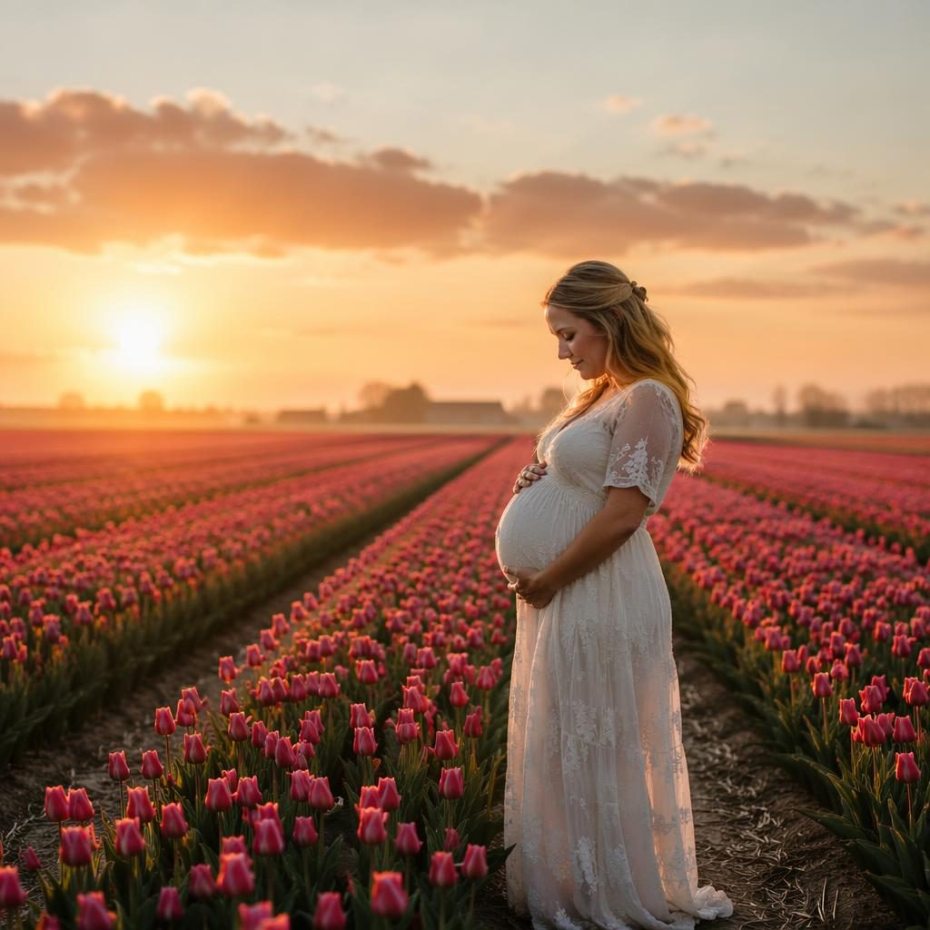 Spring tulip field in the Netherlands at golden hour sunrise with rows of colorful blooms under soft dramatic light