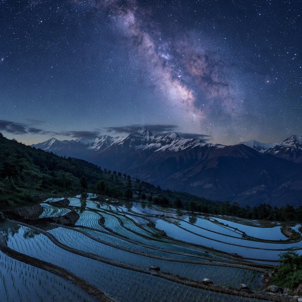 Milky Way over mountain peaks and rice terrace fields under a clear summer sky, in cool blue and silver tones.