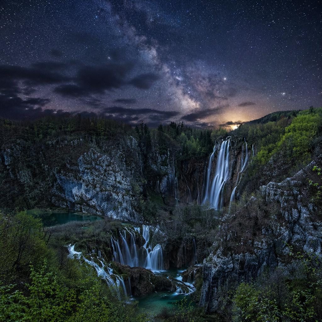 Spring waterfalls at Plitvice Lakes under a Milky Way sky, with cool blue and silver tones and misty atmospheric light.
