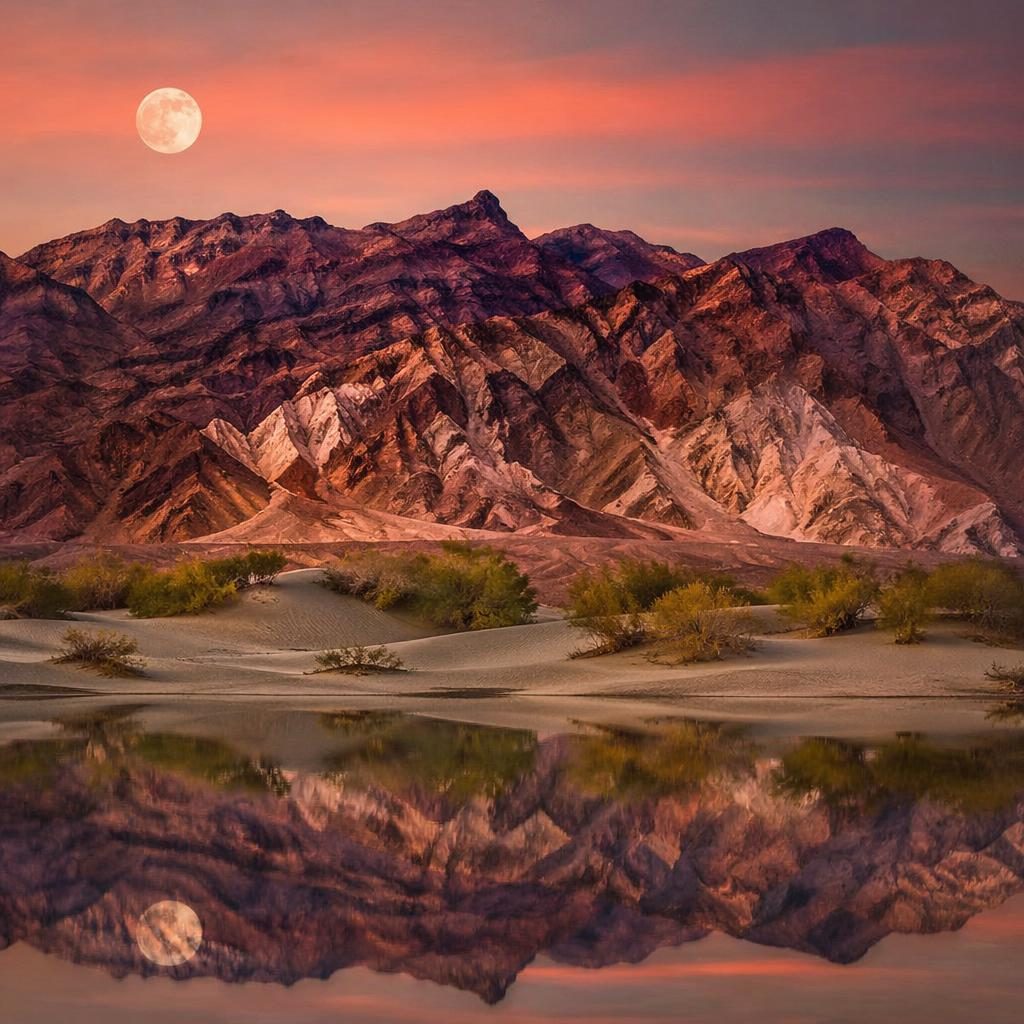 Full moon over a reflective lake beside Death Valley mesquite dunes, with distant mountains and warm atmospheric light