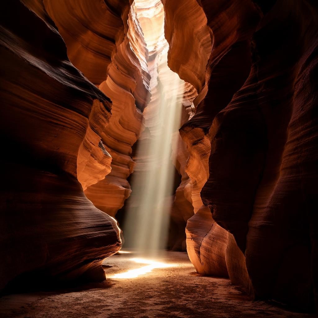 Black and white desert sand dunes in foggy morning light with a dramatic canyon-like sunbeam and sharp detail.