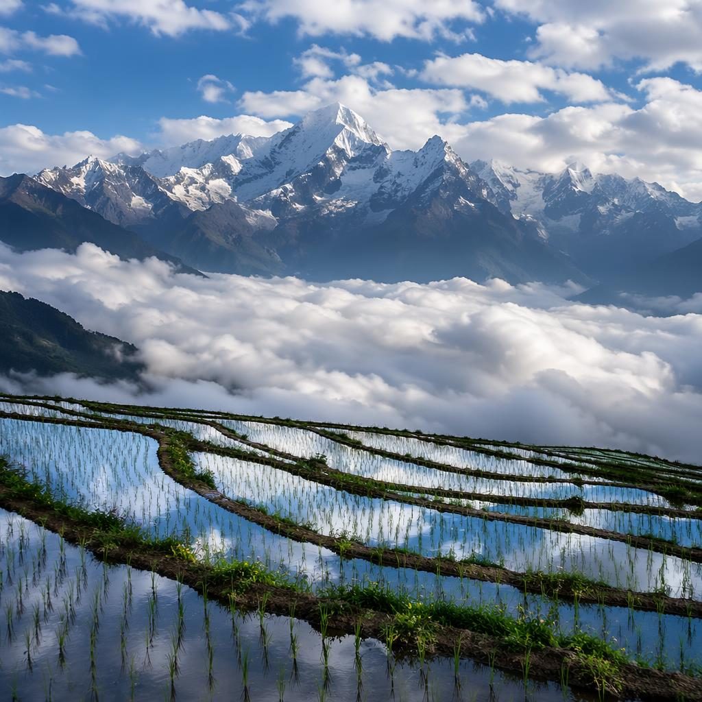 Photoreal landscape of rice terrace fields at midday with cool blue and silver tones and distant mist like Victoria Falls smoke.