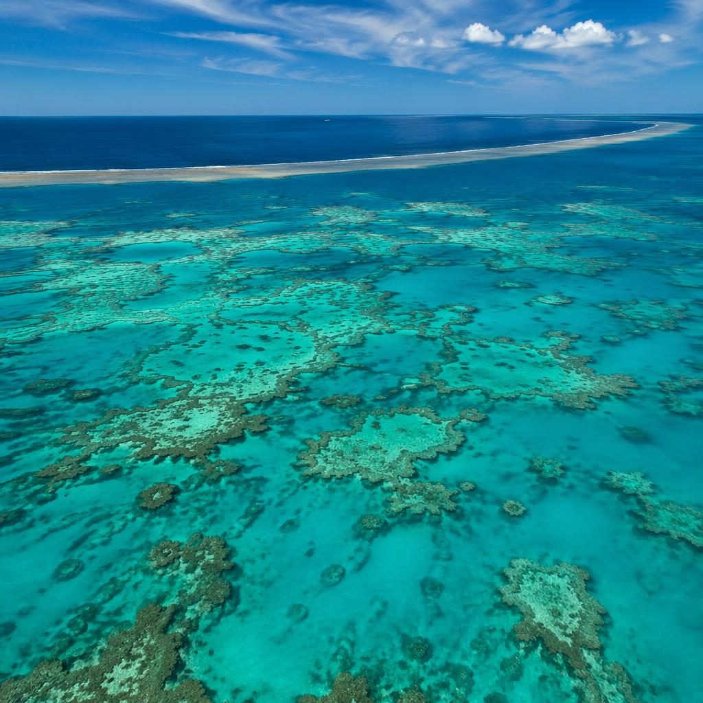 Aerial view of the Great Barrier Reef at sunrise with turquoise coral formations, glowing water, and dramatic light