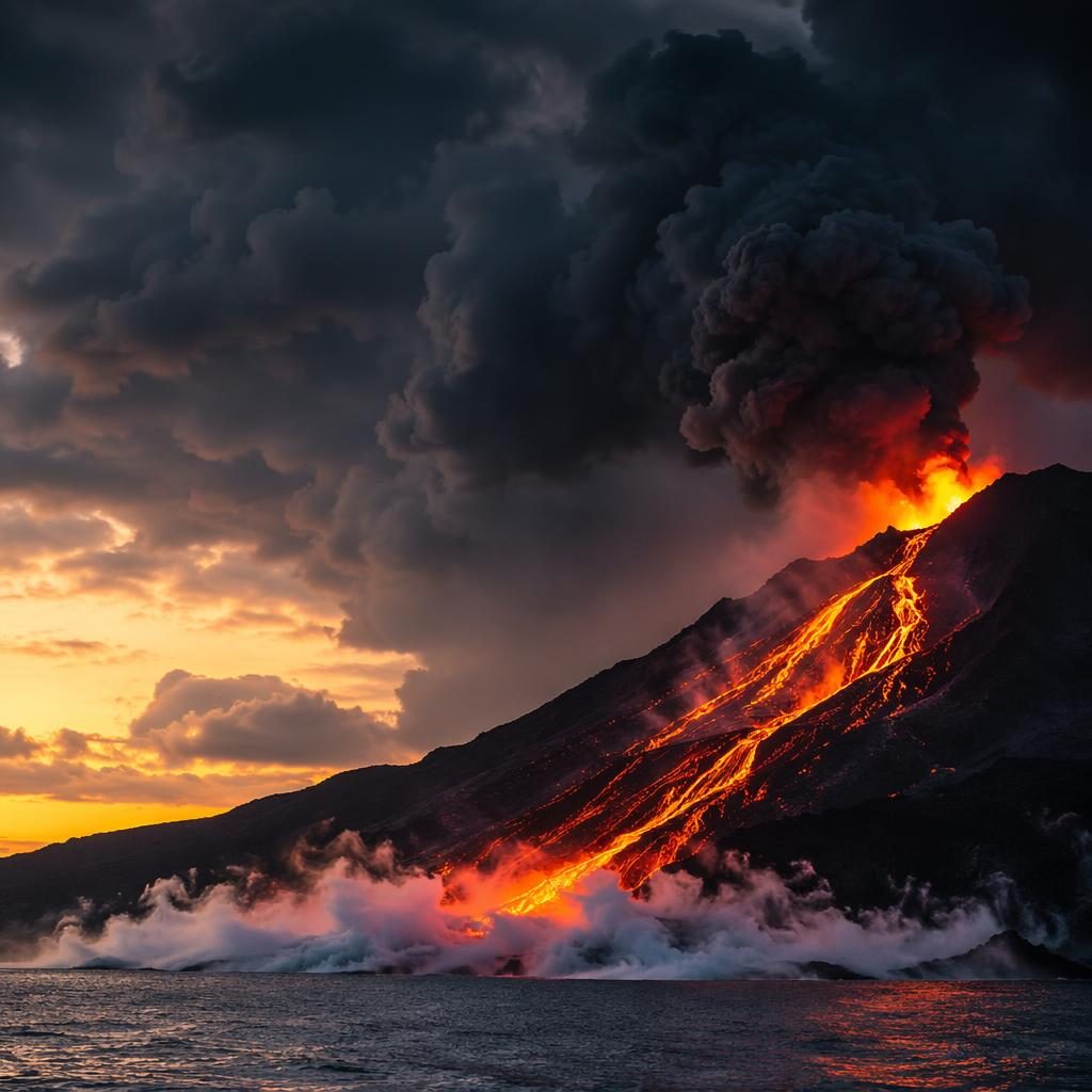 Photoreal landscape of a Hawaiian volcanic eruption with glowing lava, stormy sky, smoke, and an ochre-toned savanna feel