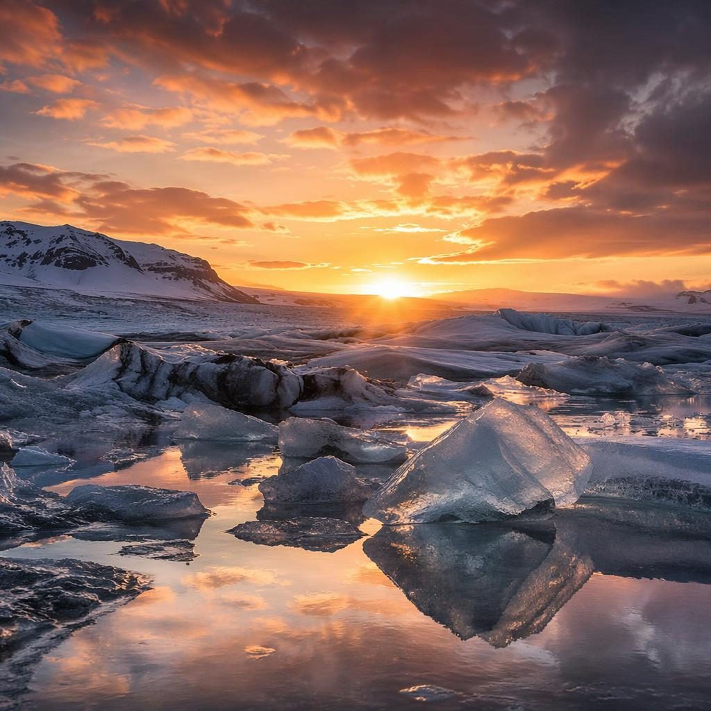 Aurora boreal sobre un glaciar en Islandia al amanecer dorado, paisaje ártico invernal y cielo dramático