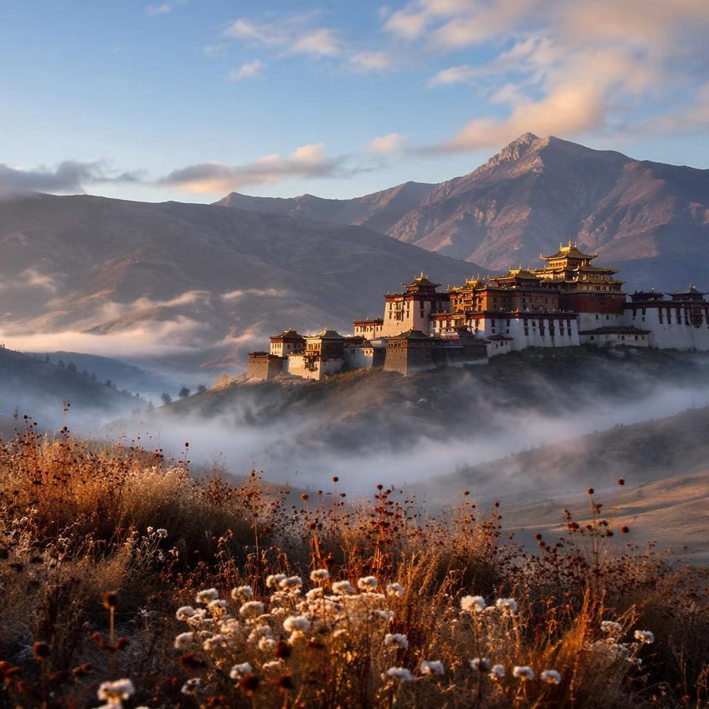 Tibetan plateau monastery in winter with snowy mountains, soft fog, and dramatic atmospheric morning light