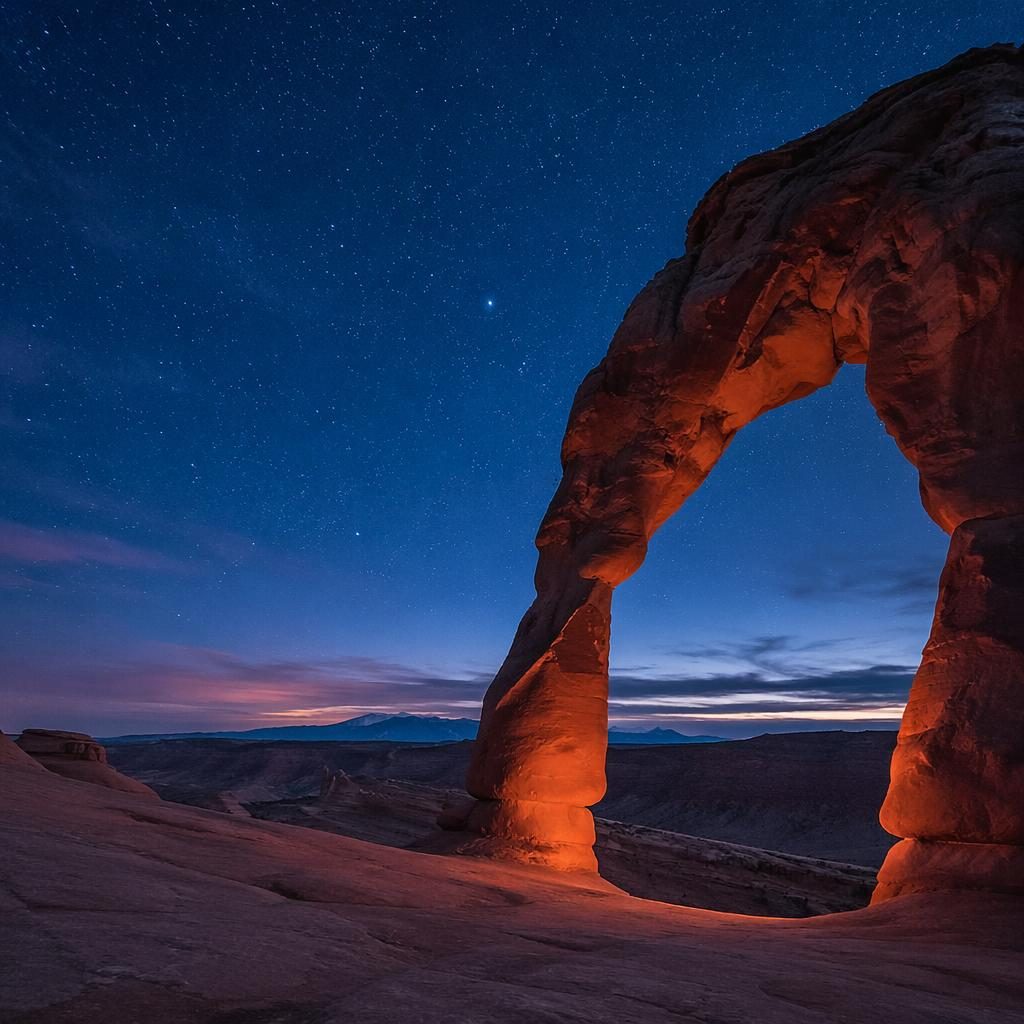 Volcanic desert landscape with rock arches under stars at blue hour twilight, vivid tropical tones and dramatic light