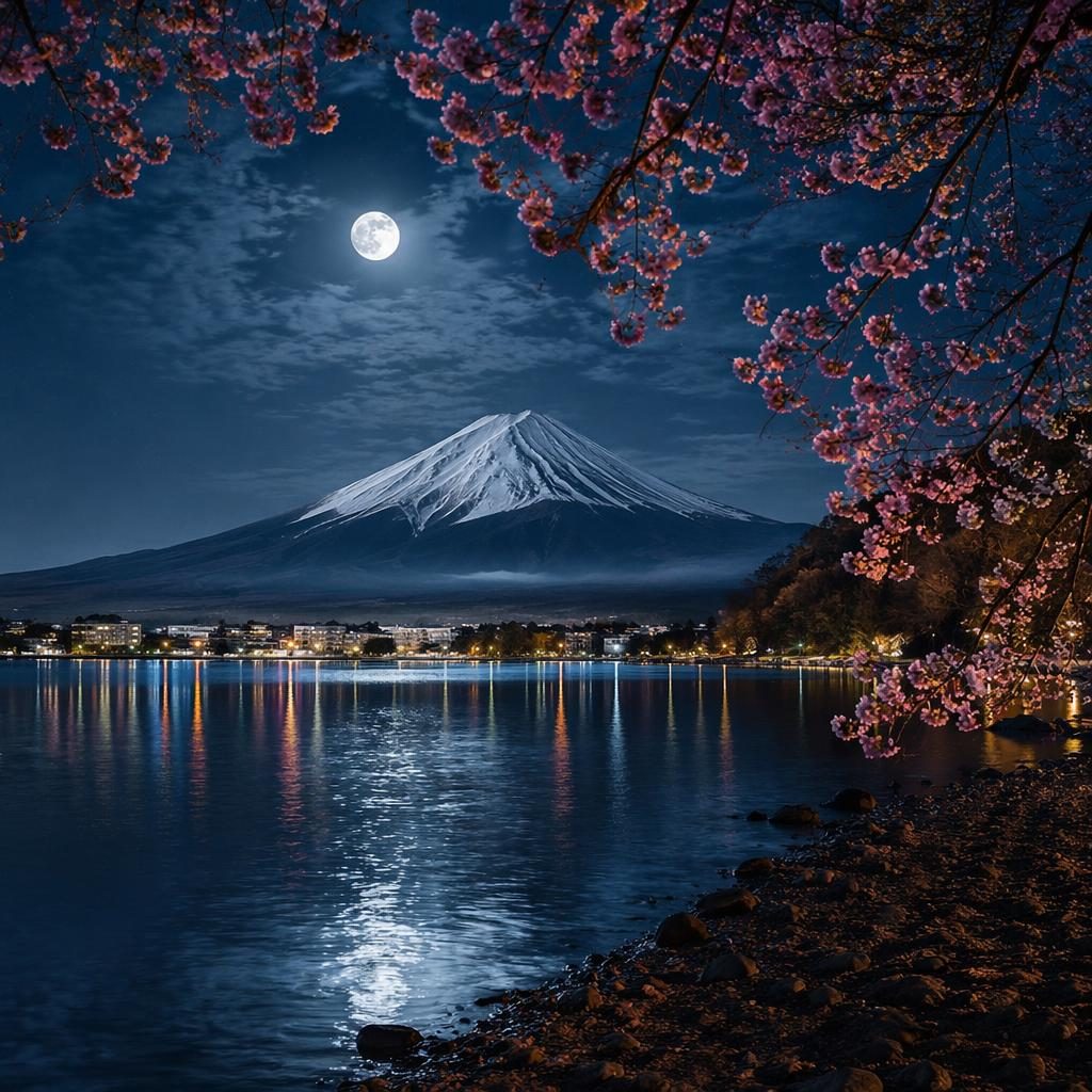 Monochrome HDR landscape of Mt Fuji behind a forest with cherry blossoms under a full moon at night.
