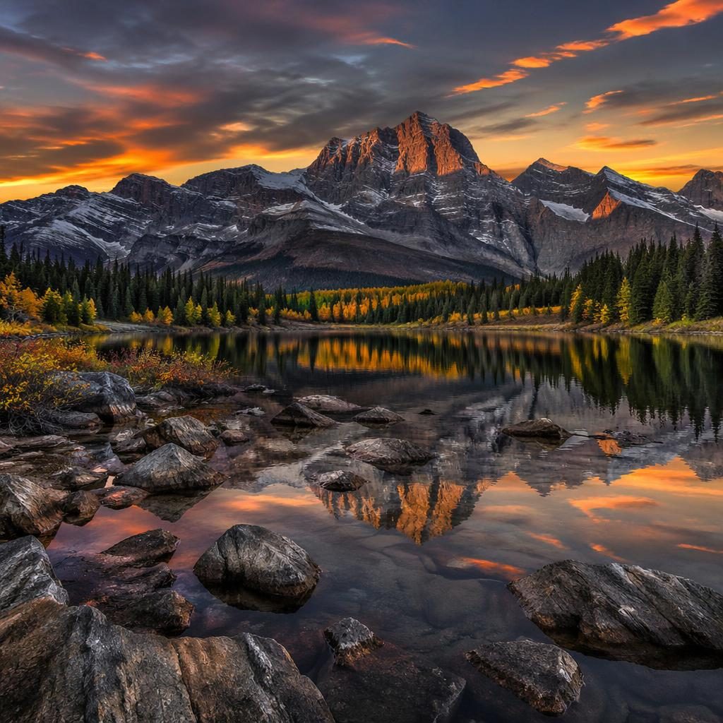 Autumn lake in the Canadian Rockies at blue hour, with volcanic terrain, vivid sky, still water, and dramatic light