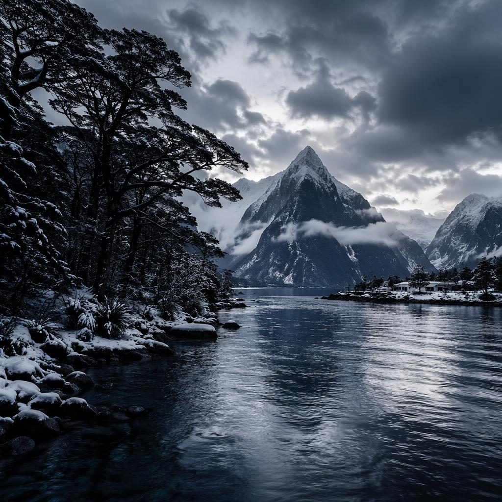 Dense winter forest at dusk in Milford Sound, rendered in black and white with cool blue and silver tones.