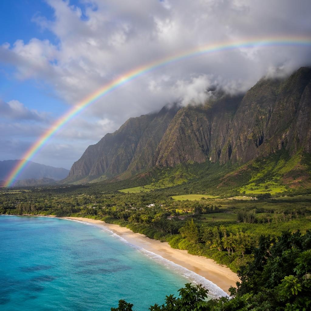 Schwarzweiß-Naturfoto eines tropischen Tals nach Regen mit Regenbogen, Strand, klarem Himmel und dramatischem Licht.