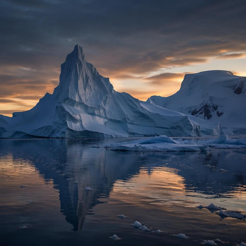 Blue antarctic icebergs at blue hour above a winter river valley, with dramatic atmospheric light and earth tones.