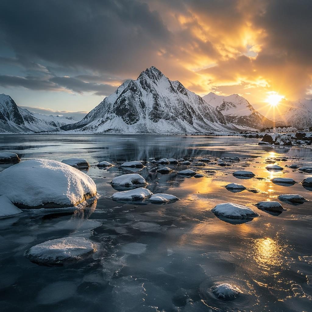 Paisaje ártico en Lofoten con hielo, aurora boreal y amanecer dorado en invierno, estilo minimalista y monocromo.