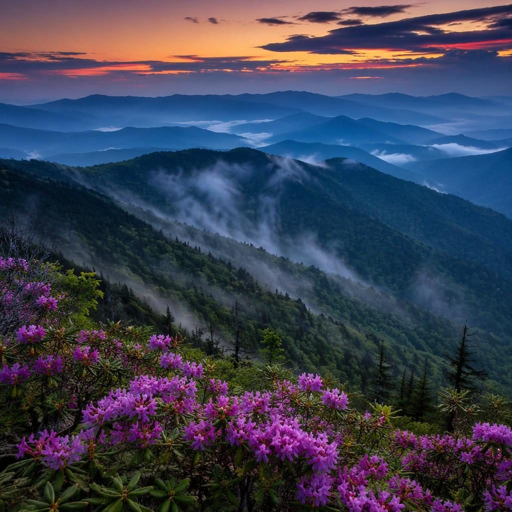 Fog drifts over the Great Smoky Mountains at blue hour with a serene volcanic-style landscape, lush spring tones, and dramatic twilight light.