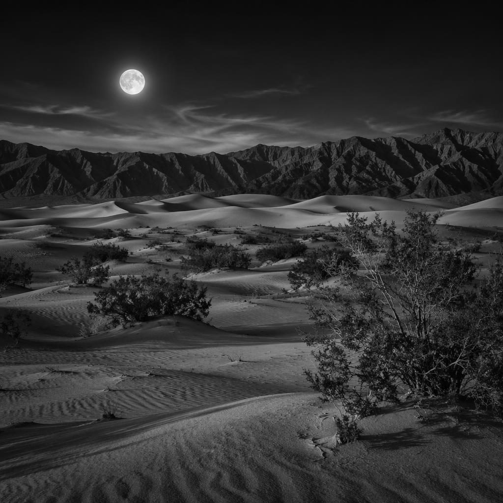 Black-and-white landscape of Death Valley Mesquite Dunes under a full moon, with sharp dunes, dramatic light, and no people.