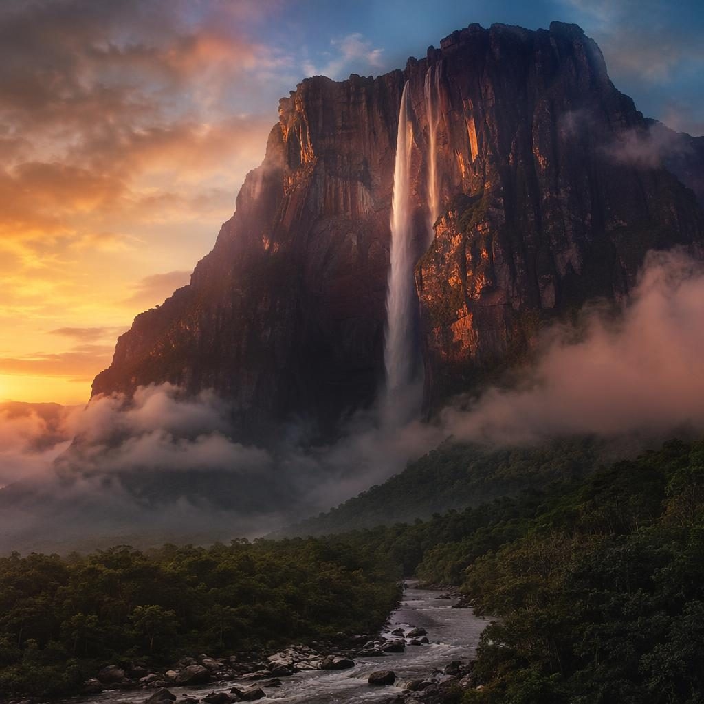 Angel Falls in Venezuela beneath a glowing aurora sky at golden hour, with misty cliffs and serene natural earth tones