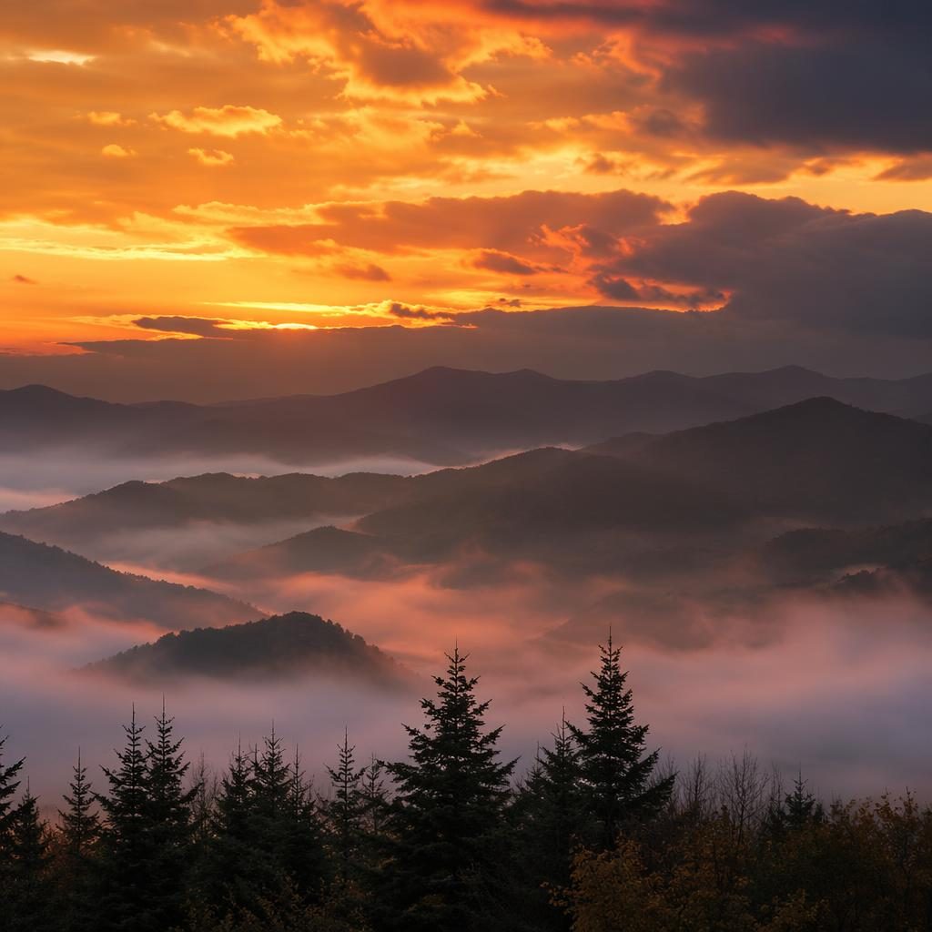 Foggy Great Smoky Mountains landscape with aurora-lit night sky, sunset glow, ochre tones, and serene minimalist atmosphere.