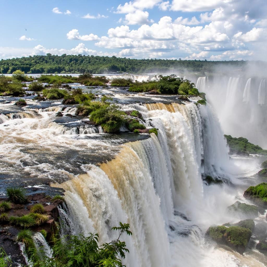Panorama der Iguazú-Fälle bei klarem Mittagslicht, tropische Natur, tosende Wasserfälle und üppig grüner Regenwald