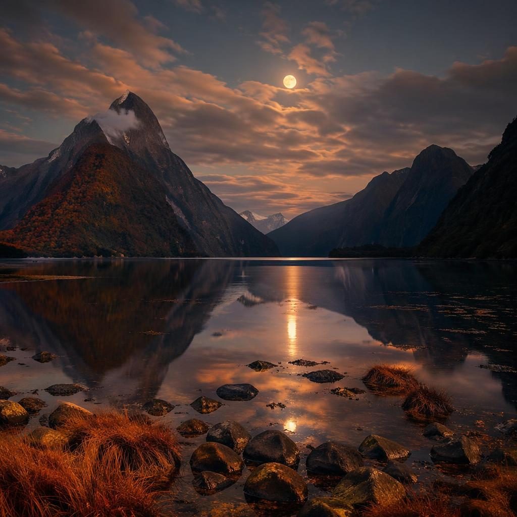 Lago en Milford Sound con reflejo bajo luna llena, montañas dramáticas y luz cálida de atardecer otoñal.