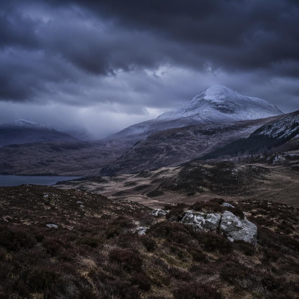 Stormy rolling hills in the Scottish Highlands at blue hour, spring twilight, in sharp high-contrast monochrome light.