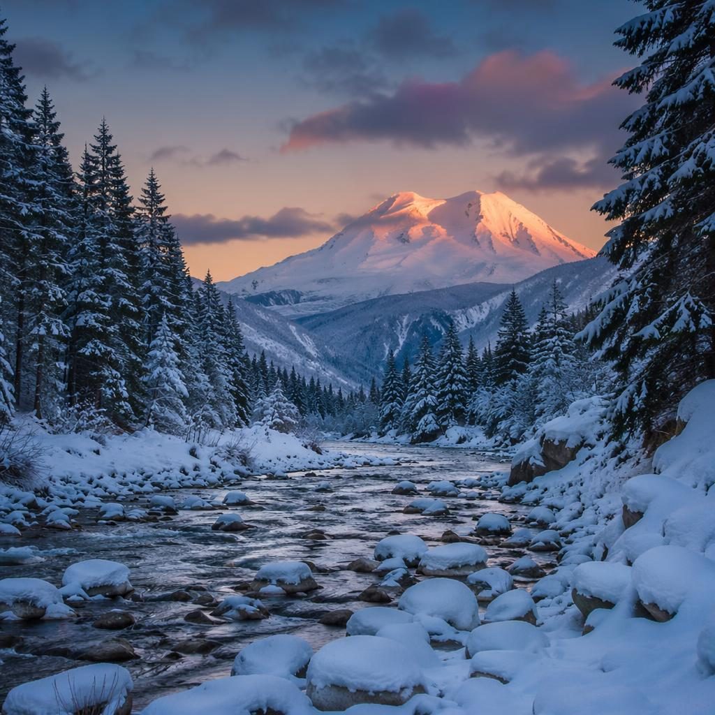 Snowfall over a pine forest river valley at dusk with dramatic light, winter mountains, and natural earth tones.