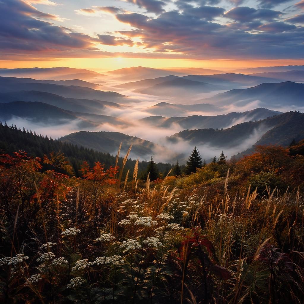 Foggy mountain meadow with wildflowers at sunrise, cherry blossoms, and a Mount Fuji-like peak in dramatic black and white.