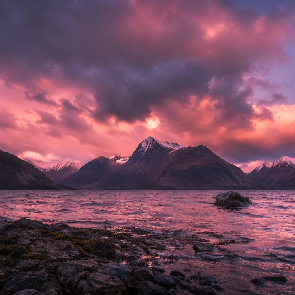 Stormy Scottish Highlands with rugged peaks at sunset, pink pastel sky, dramatic clouds, and painterly soft light