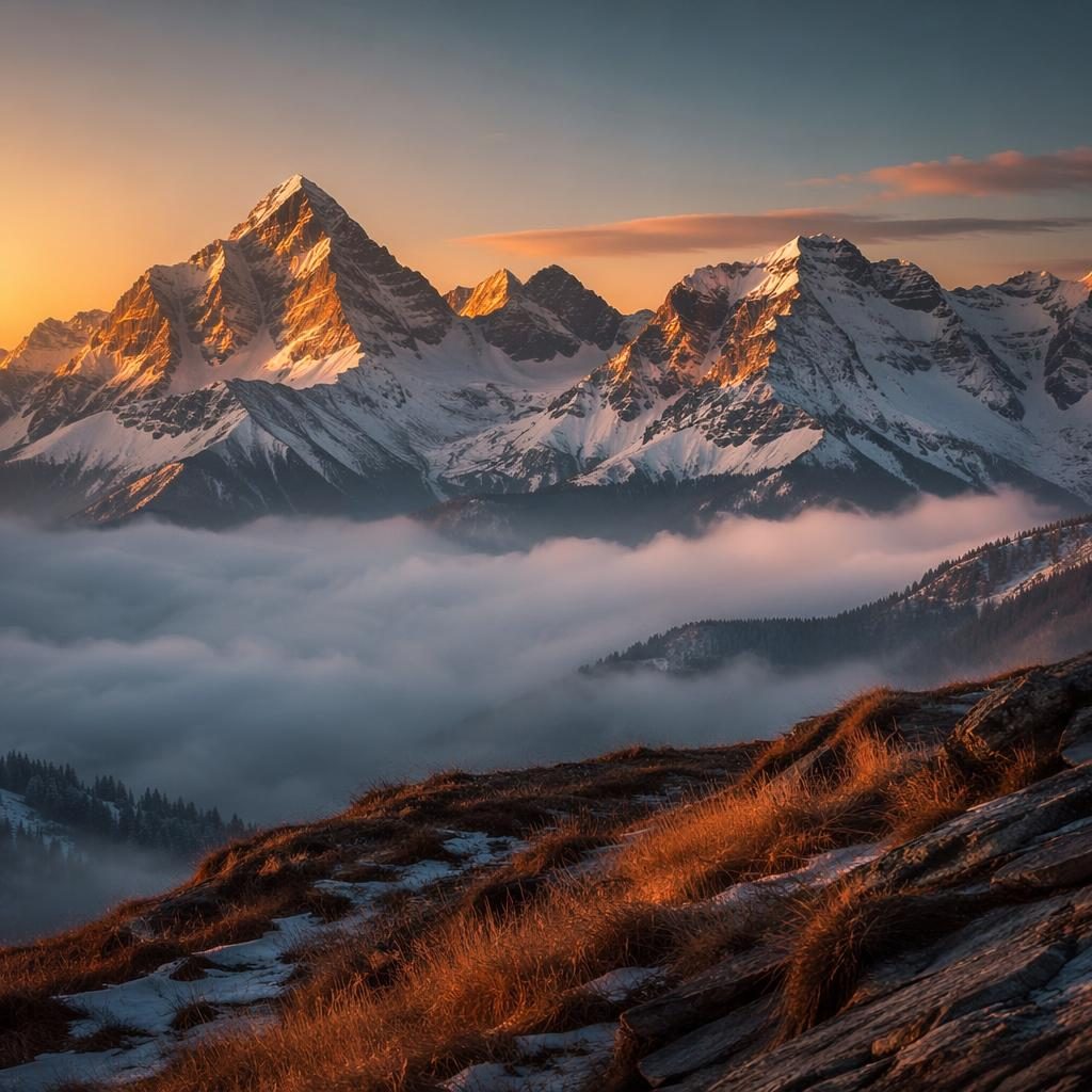 Arctic ice landscape at golden hour sunrise with misty atmosphere, sharp frozen textures, and dramatic winter light