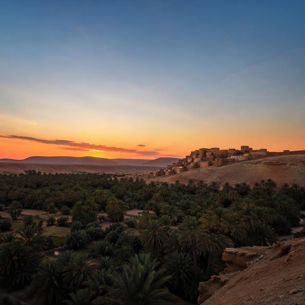 Oasis dans le désert marocain au coucher du soleil, ciel auroral, palmiers, eau calme et lumière dramatique