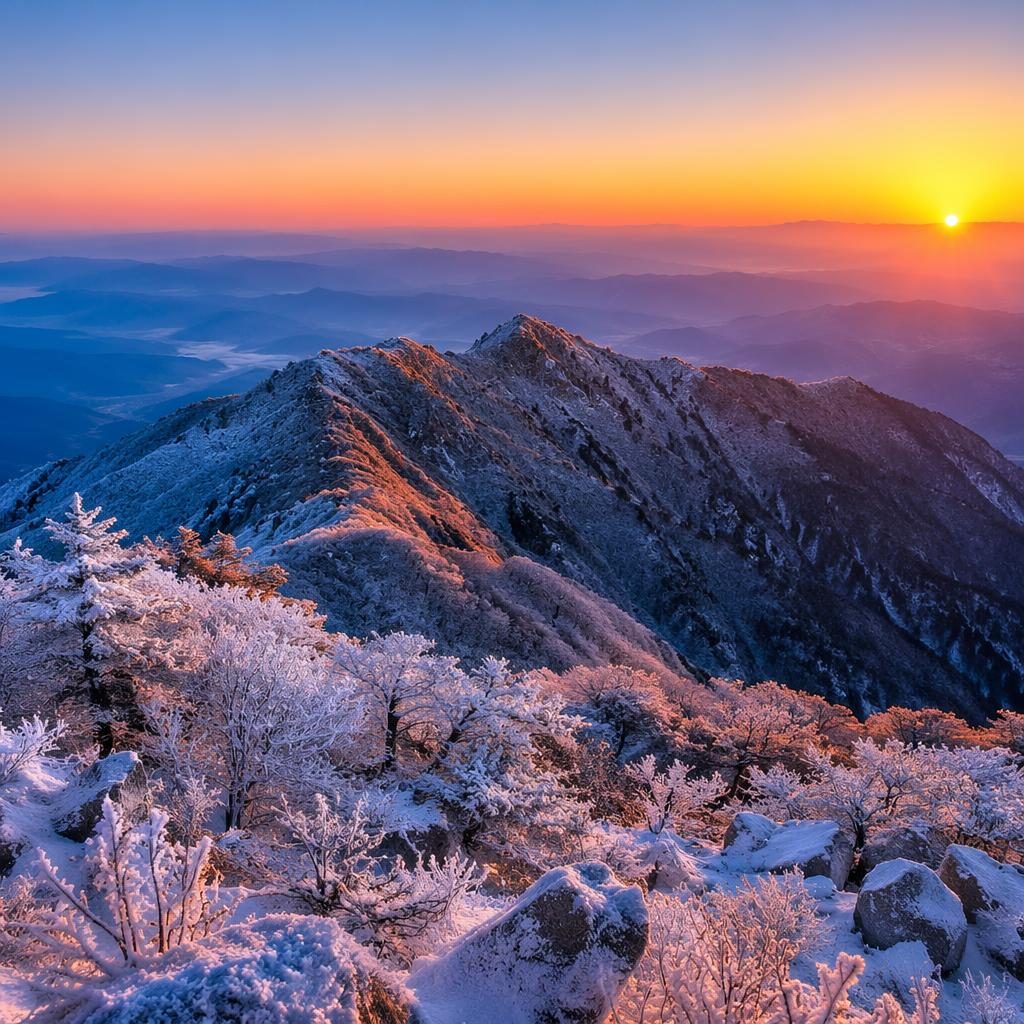 Snowy mountain ridge at golden sunrise above misty forest canopy, with dramatic light and sharp cinematic detail.