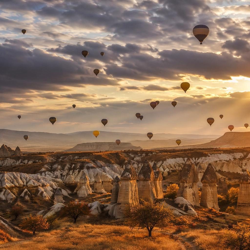 Hot air balloons over Cappadocia at dawn above a stormy autumn savanna landscape in ochre desert tones