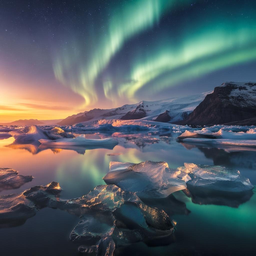 Aurore boréale au-dessus d’un glacier en Islande au lever du soleil, glace arctique et lumière dorée hivernale