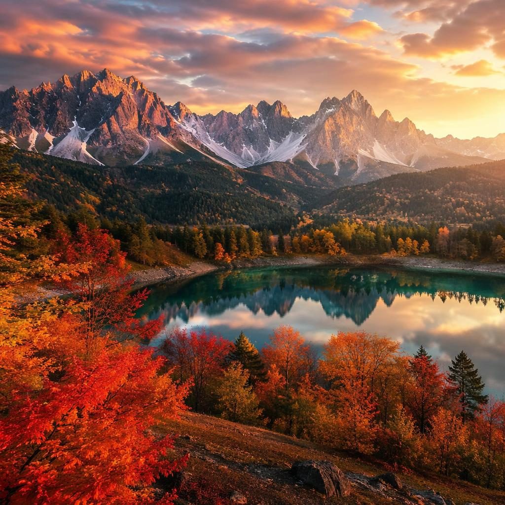 Paysage photoréaliste d’une forêt de momiji au Japon avec montagnes façon Dolomites au coucher du soleil doré.