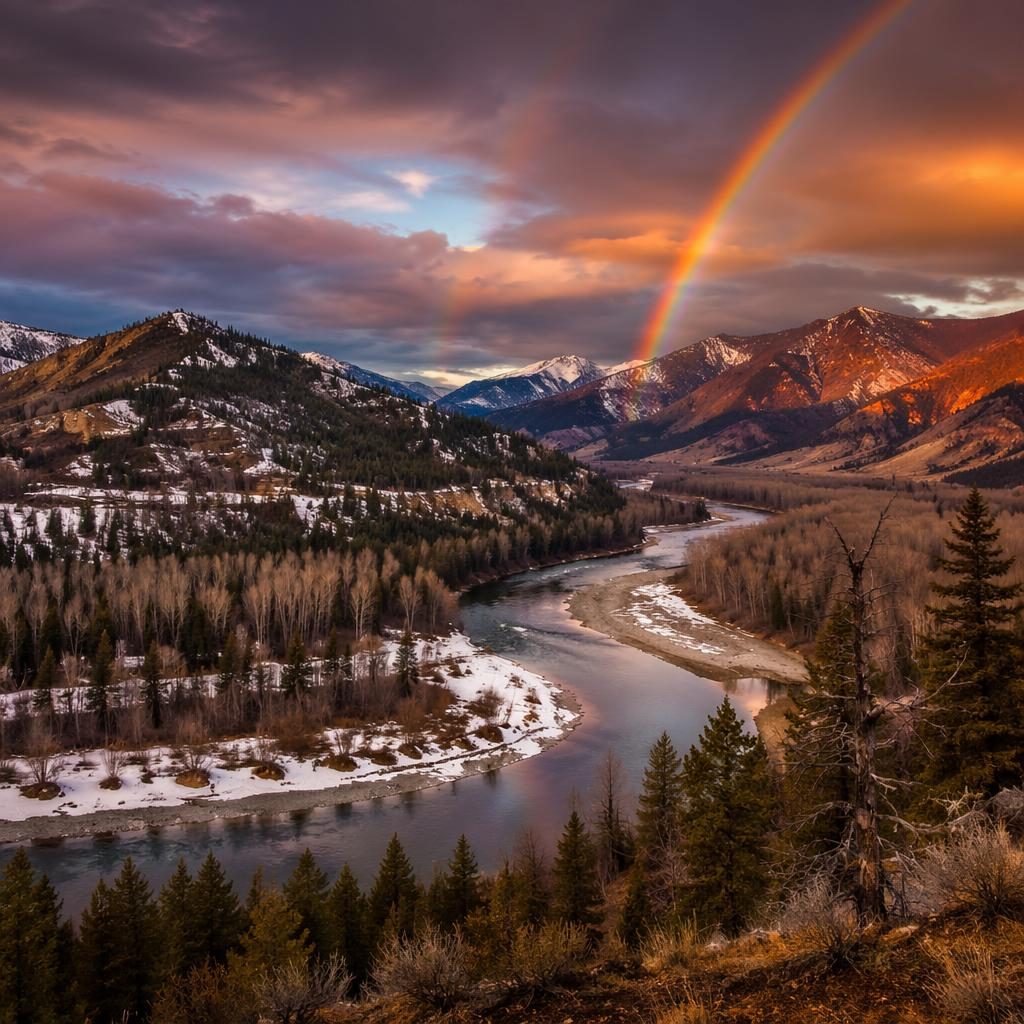 Winterliches Flusstal in der Dämmerung mit Regenbogen nach dem Regen, dramatischem Licht und natürlichen Erdtönen