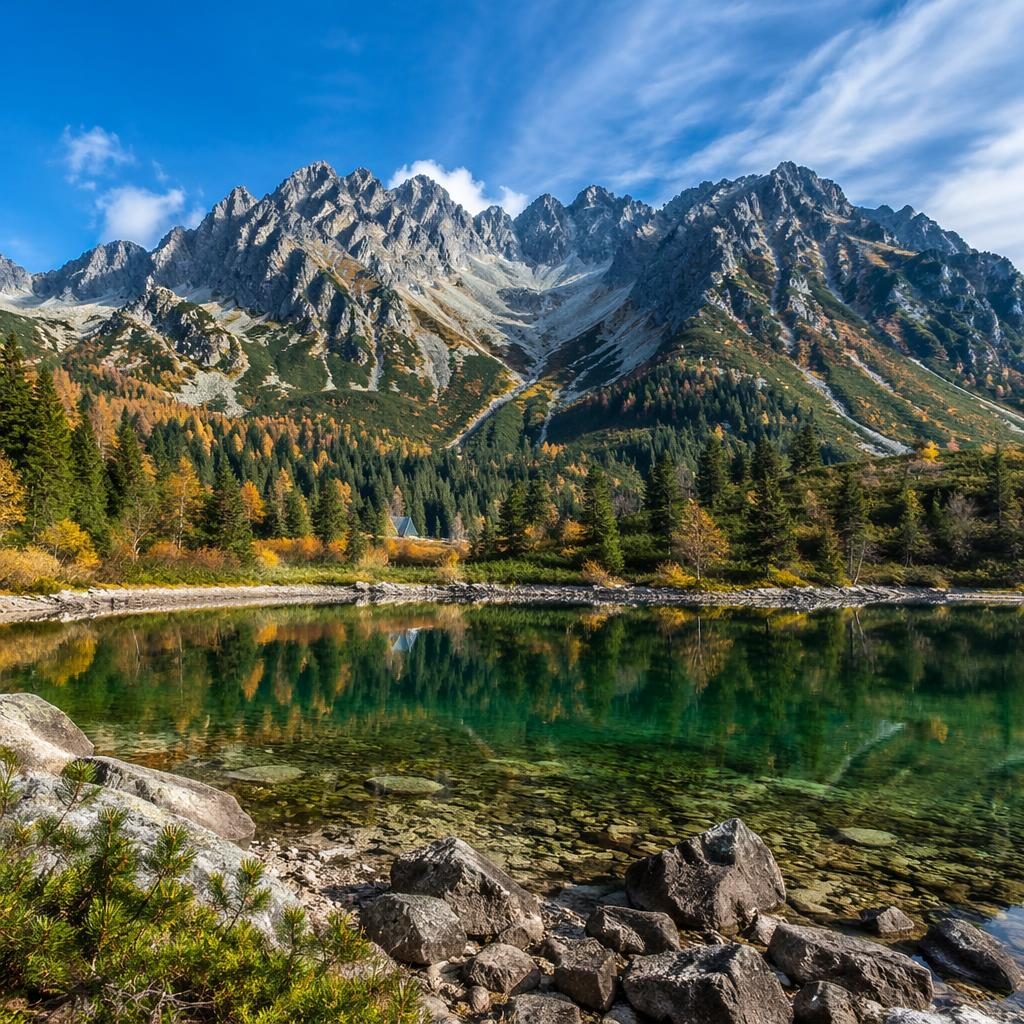 Photoreal landscape of an autumn lake in the Canadian Rockies with clear water, mountain peaks, and vivid seasonal foliage.