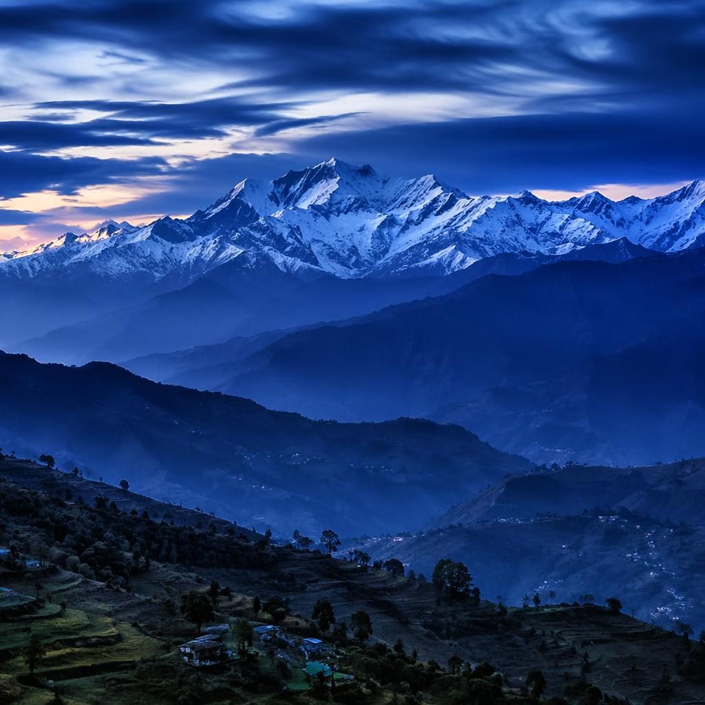 Rolling hills at blue hour twilight with dramatic clouds, monochrome tones, and distant waterfall scenery in Venezuela