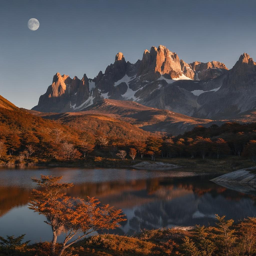 Autumn forest and Patagonia mountains under a full moon, with golden rust foliage, sharp detail, and dramatic night light.