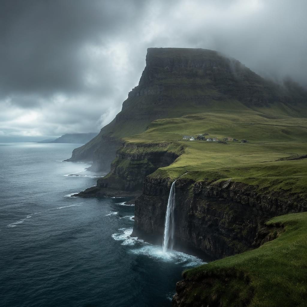 Steep Faroe Islands cliffs above the sea in stormy morning fog with dramatic light and sharp natural detail.