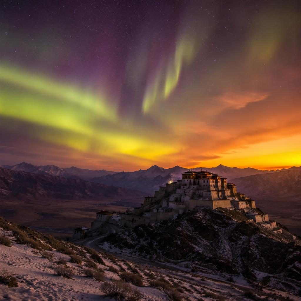 Winterliches Kloster auf dem Tibetplateau unter Aurora-Himmel bei goldenem Sonnenuntergang in ockerfarbener Wüstenlandschaft