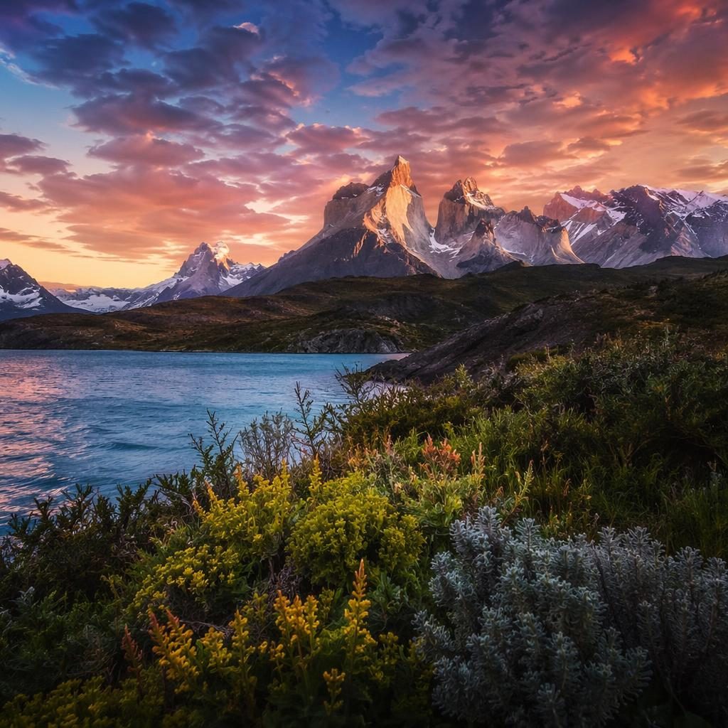 Paysage volcanique en Patagonie au crépuscule bleu, montagnes, lumière dorée, végétation tropicale et atmosphère dramatique.