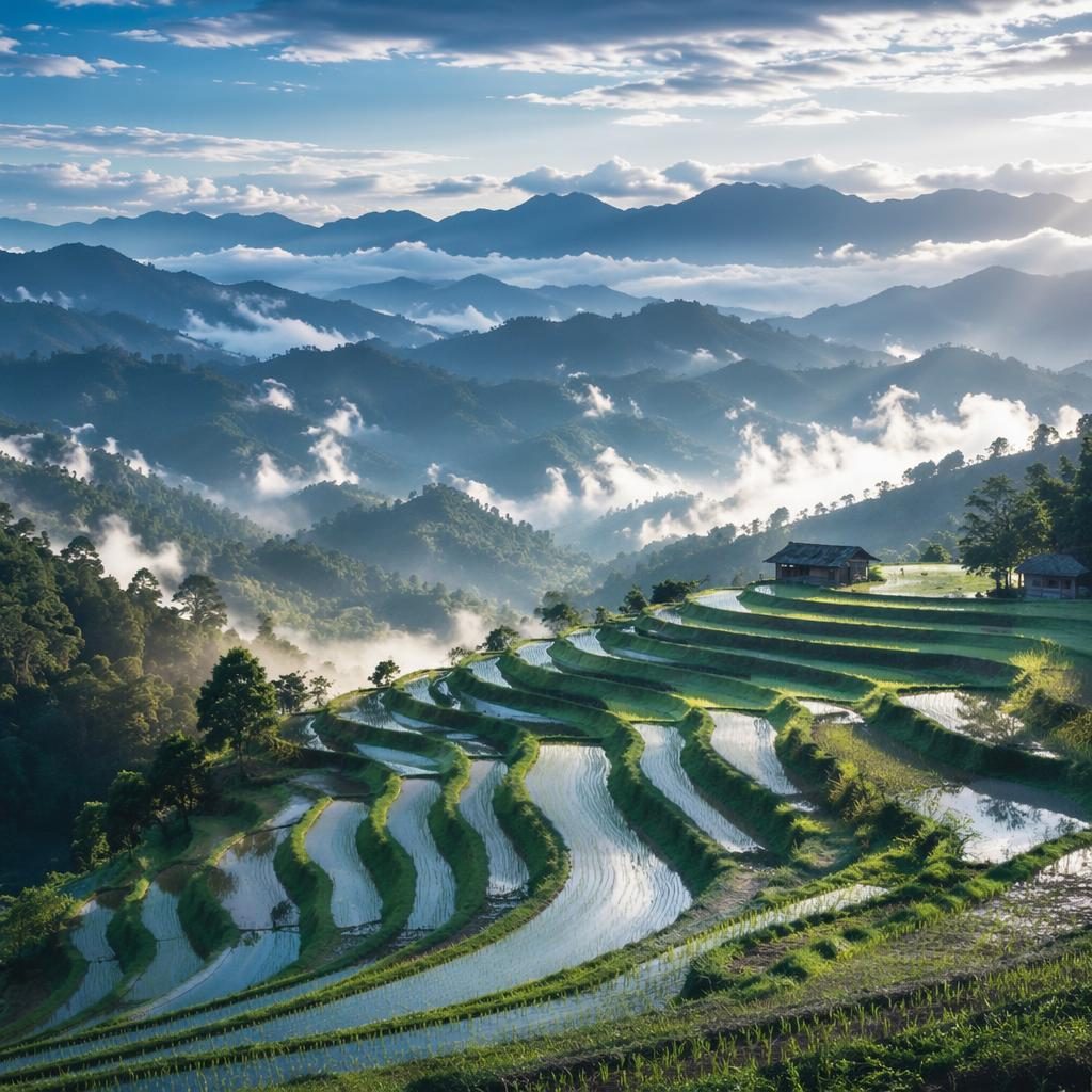 Terrazas de arroz en las Great Smoky Mountains con niebla al mediodía, luz dramática y tonos azules y plateados.