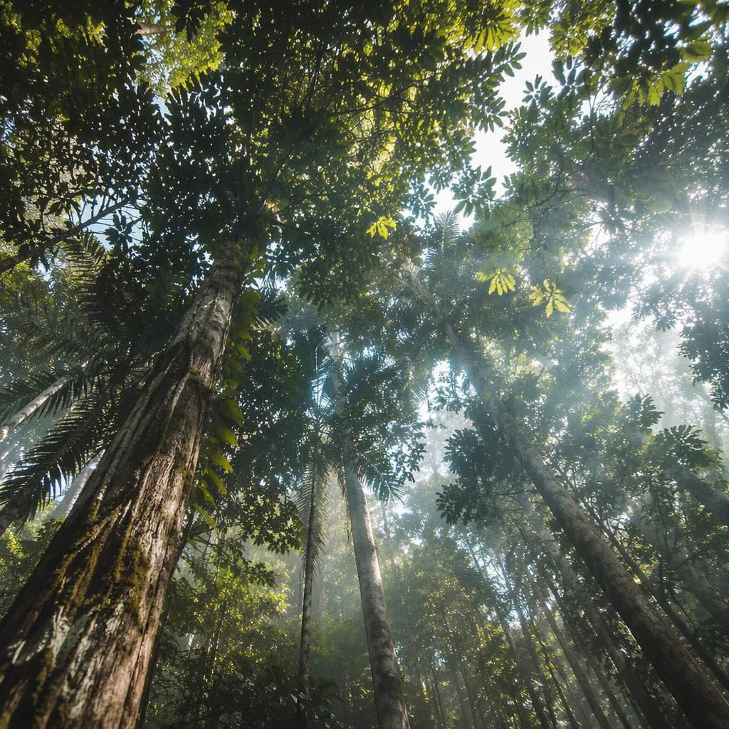 Looking up at tall Amazon rainforest trees through soft morning mist, with layered green canopy and atmospheric light.