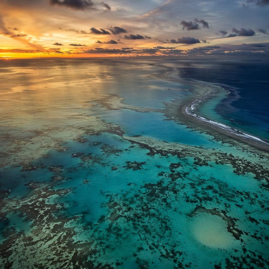 Aerial view of the Great Barrier Reef at sunset with calm ocean, coral patterns, and a glowing sky in sharp focus.