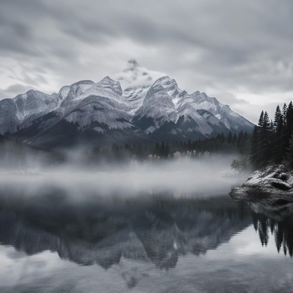 Mist drifting over an alpine lake at dawn, framed by soft mountain slopes in a high-contrast monochrome landscape.